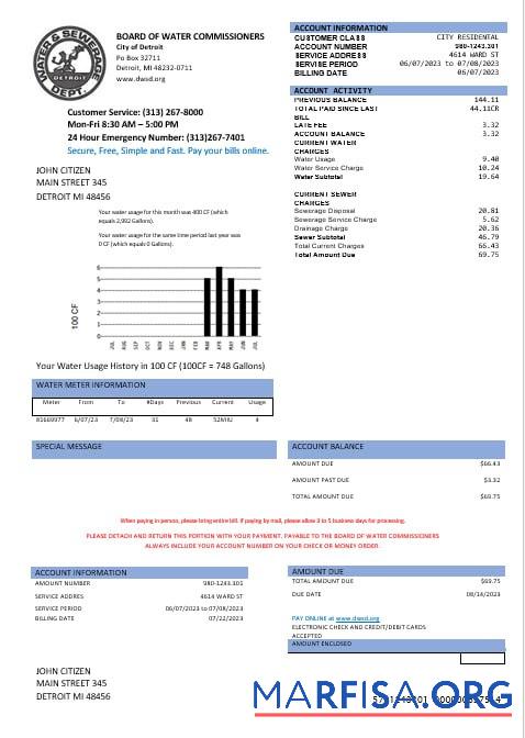 Printable United States Board of water commissioners water utility bill in Word and PDF formats template